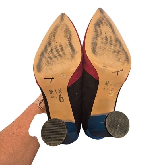Mix No. 6 Suede Colorblock Black, Burgundy & Blue 4" Heels w Ankle Strap - Picture 7 of 11